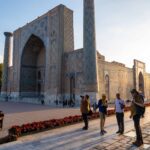 Sanmarkan-2546 Small group archaeological tour at Samarkand with scholar guide discussing Islamic architecture